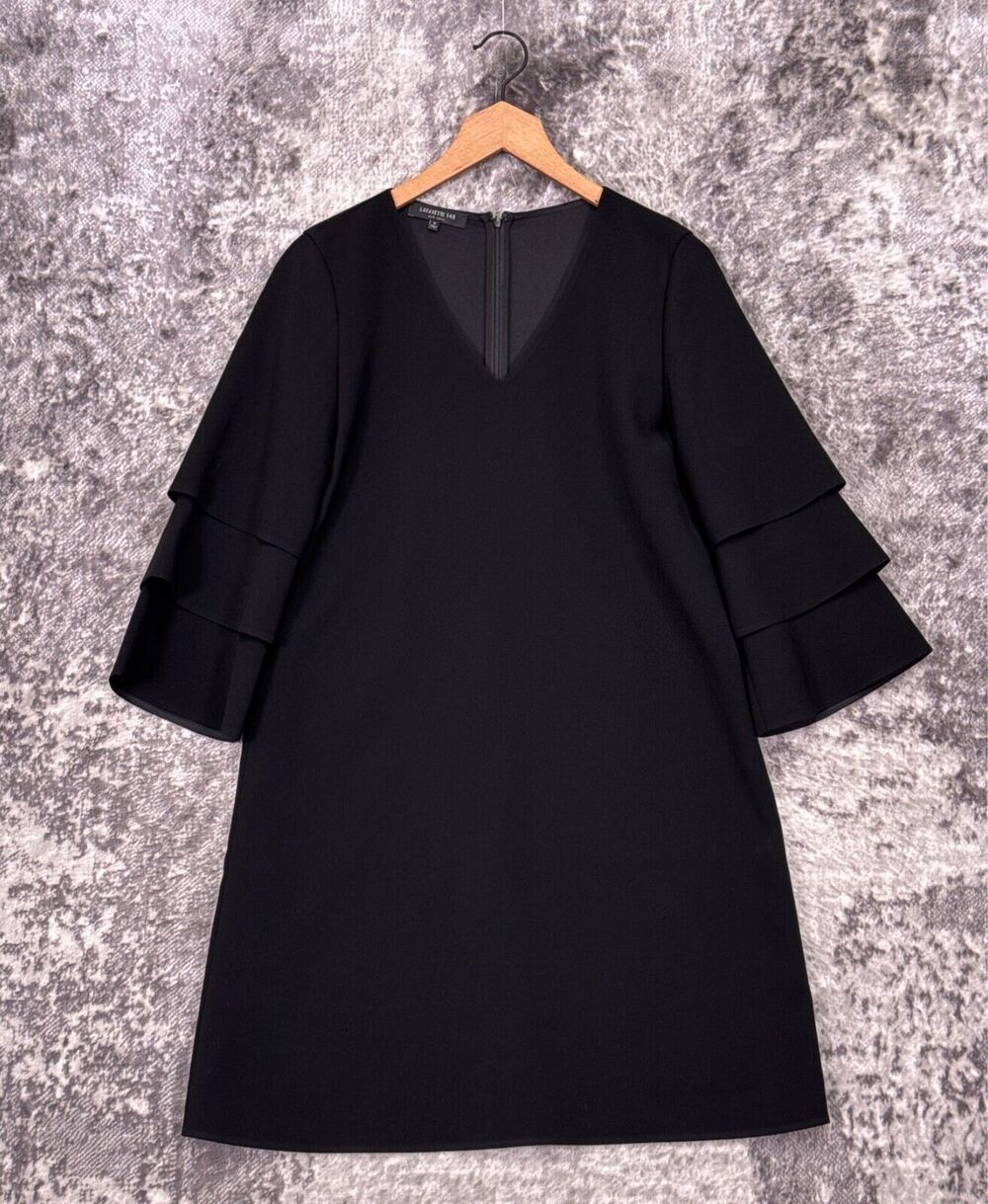 Lafayette 148 Dress Small Womens Black Tiered Bell Sleeve Shift
